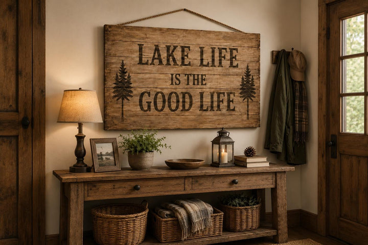 Distressed wood wall sign reading Lake Life Is The Good Life above a rustic entryway console table.
