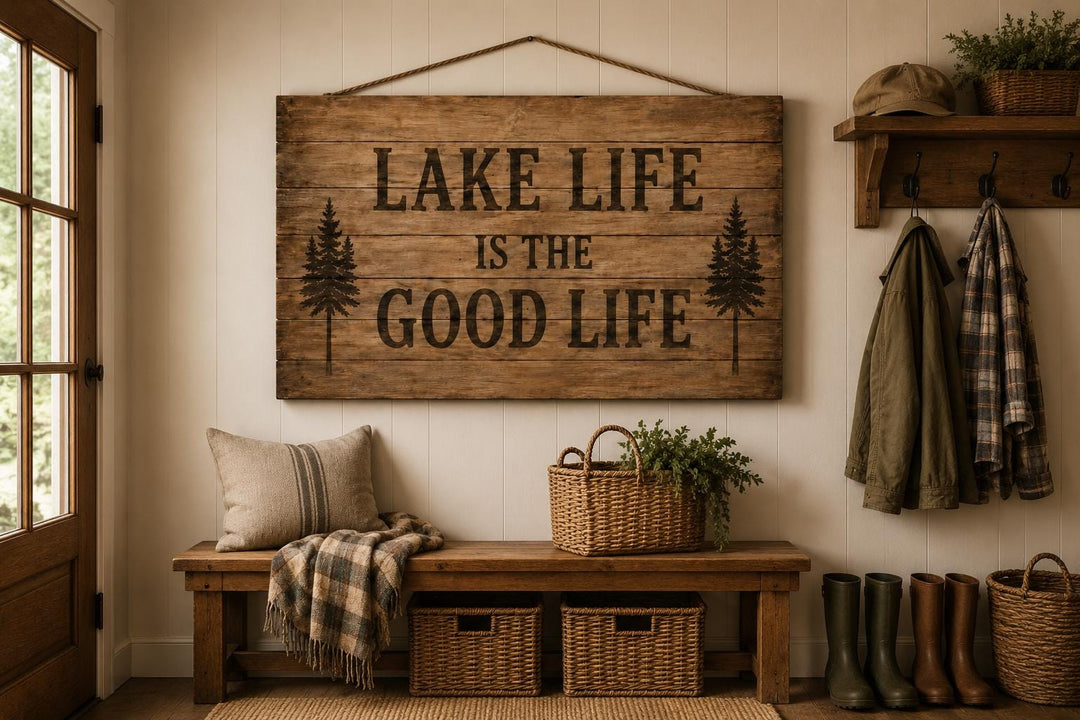Rustic wood wall sign reading "Lake Life Is The Good Life" in a cozy cabin entryway.