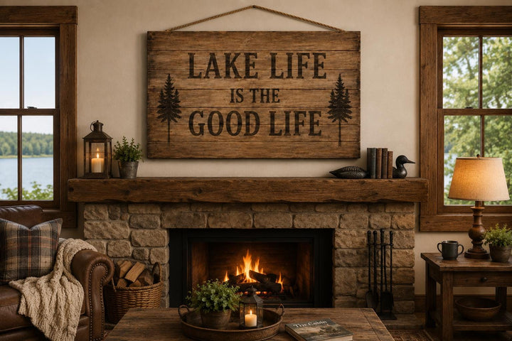 Rustic wood wall sign reading "Lake Life Is The Good Life" hanging above a stone fireplace mantel.