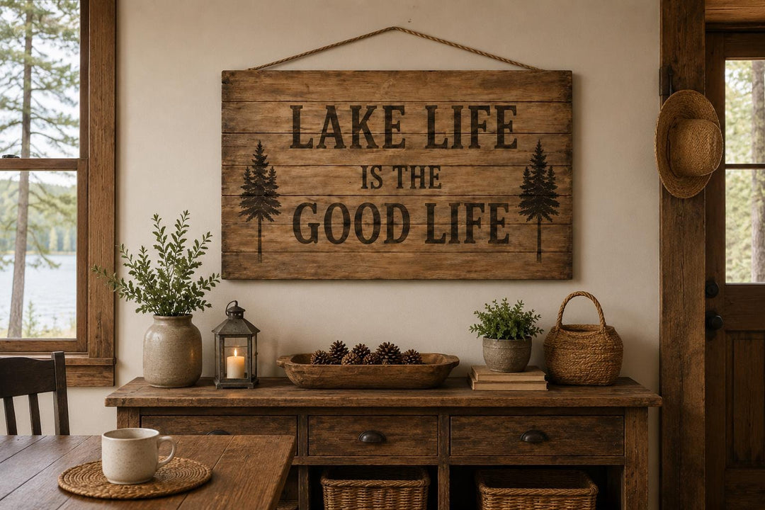 Rustic wood wall sign with 'Lake Life Is The Good Life' text and pine tree graphics.