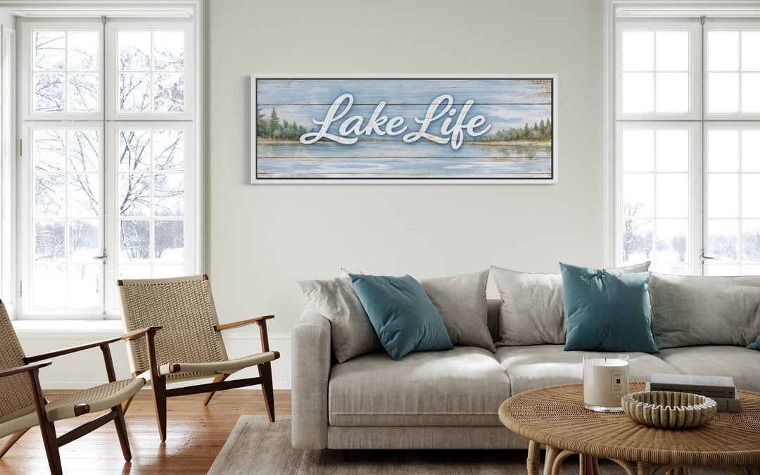 Large horizontal panoramic canvas wall art featuring Lake Life script over a rustic lake landscape.