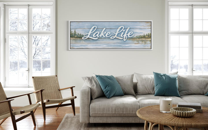 Large horizontal panoramic canvas wall art featuring Lake Life script over a rustic lake landscape.