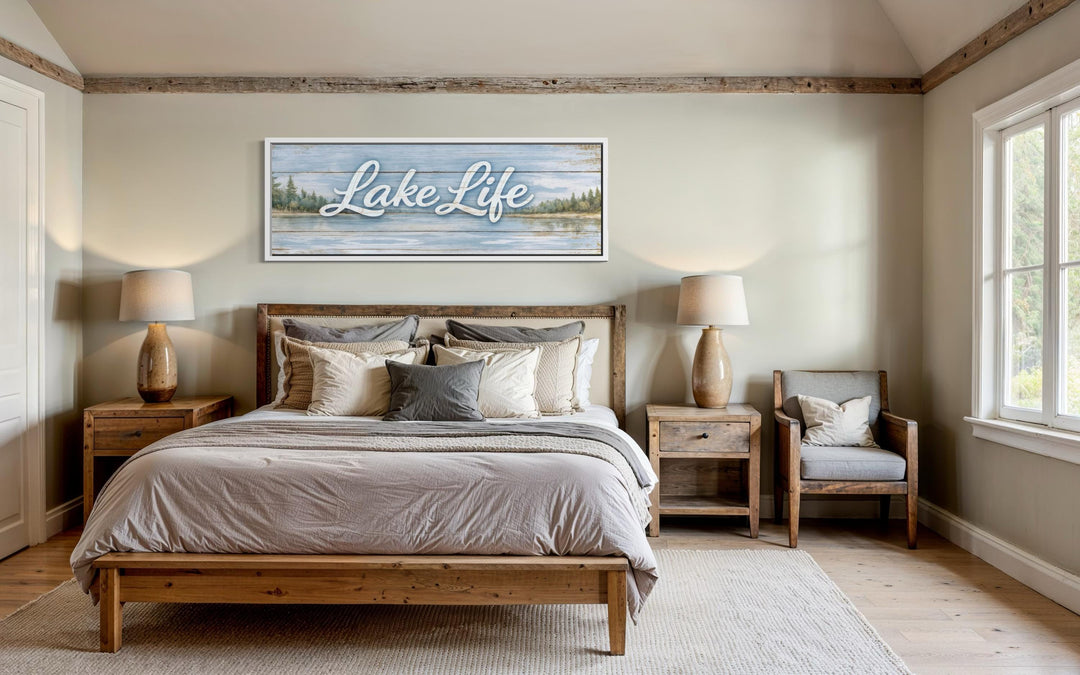 Panoramic Lake Life canvas wall art in a rustic bedroom with natural wood and neutral tones.