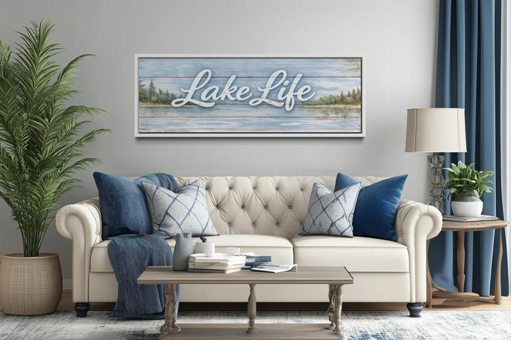 Large horizontal panoramic canvas wall art featuring Lake Life script over a rustic lake landscape.