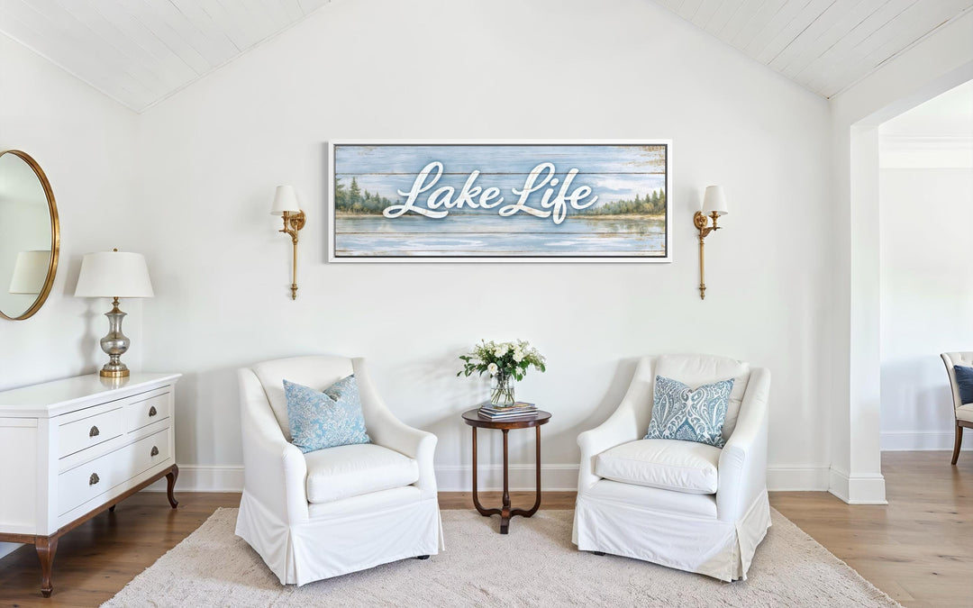 Large horizontal panoramic canvas wall art featuring Lake Life script over a rustic lake landscape.