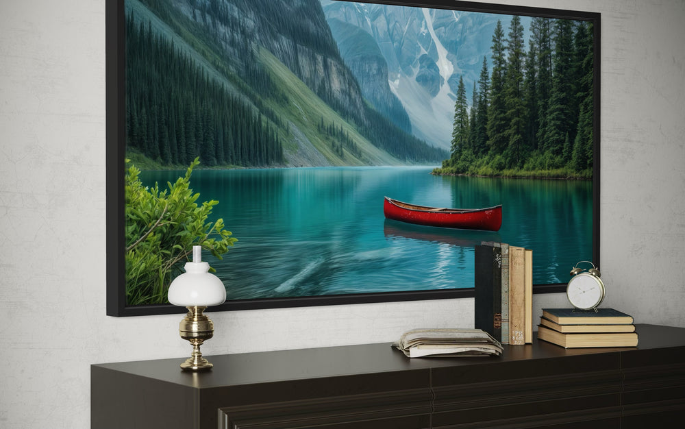 Lake Louise Landscape With Red Canoe Framed Canvas Wall Art
