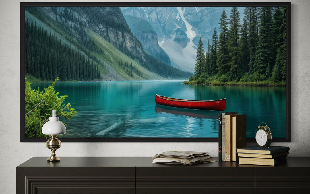 Lake Louise Landscape With Red Canoe Framed Canvas Wall Art