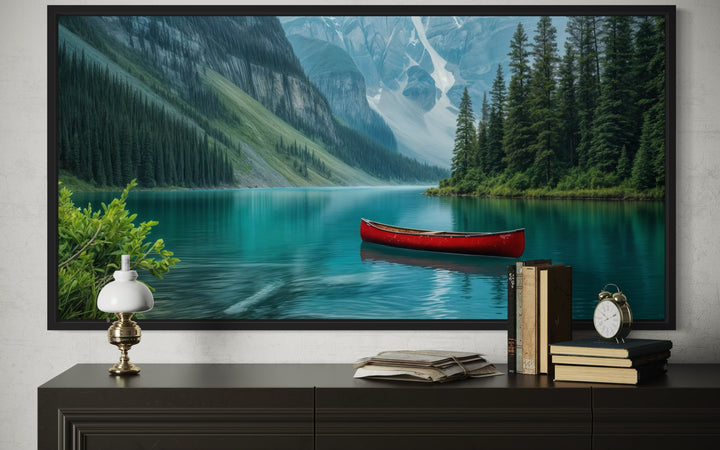 Lake Louise Landscape With Red Canoe Framed Canvas Wall Art