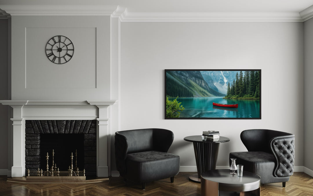 Lake Louise Landscape With Red Canoe Framed Canvas Wall Art