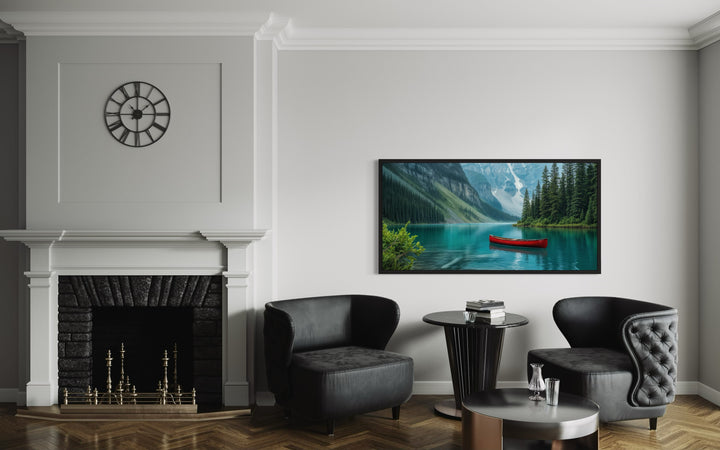 Lake Louise Landscape With Red Canoe Framed Canvas Wall Art