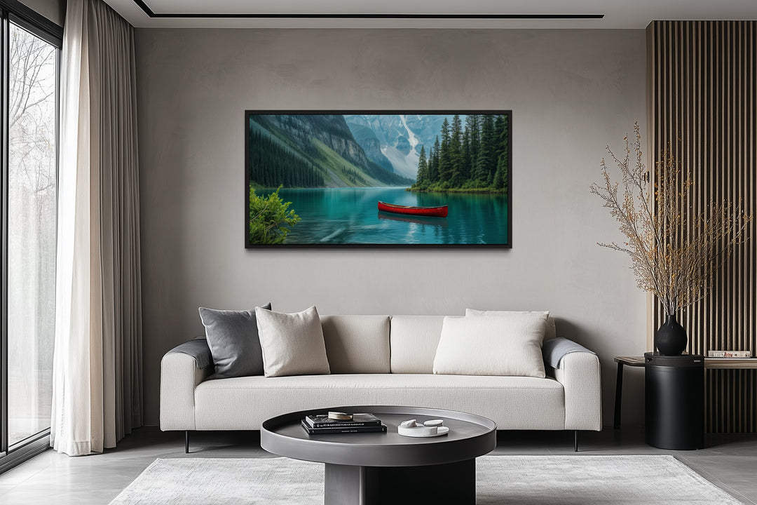 Lake Louise Landscape With Red Canoe Framed Canvas Wall Art