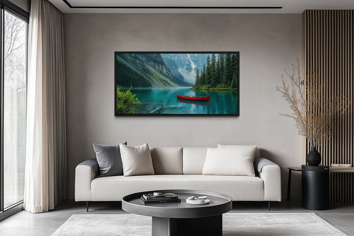 Lake Louise Landscape With Red Canoe Framed Canvas Wall Art
