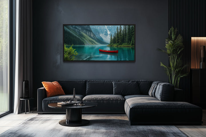Lake Louise Landscape With Red Canoe Framed Canvas Wall Art