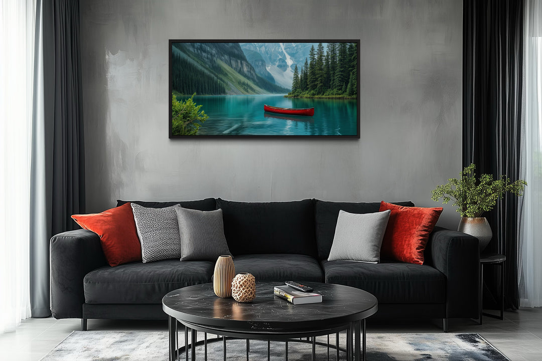 Lake Louise Landscape With Red Canoe Framed Canvas Wall Art