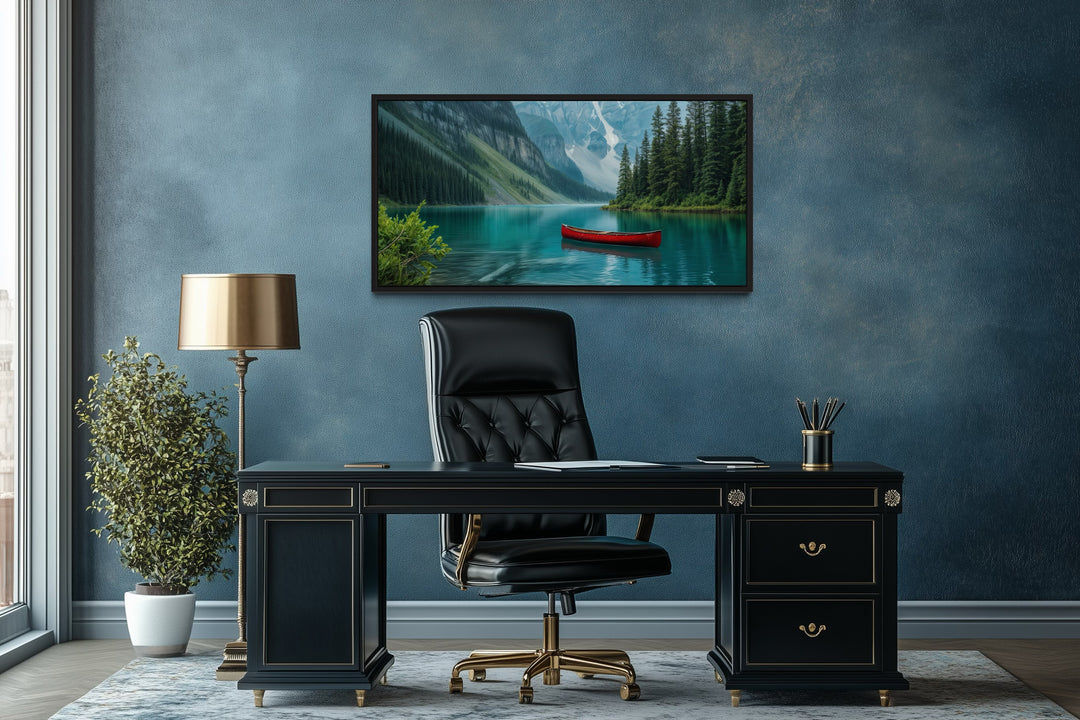 Lake Louise Landscape With Red Canoe Framed Canvas Wall Art
