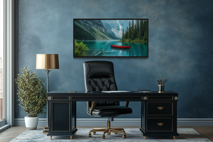 Lake Louise Landscape With Red Canoe Framed Canvas Wall Art