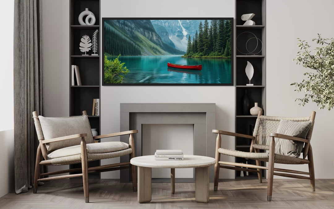 Lake Louise Landscape With Red Canoe Framed Canvas Wall Art