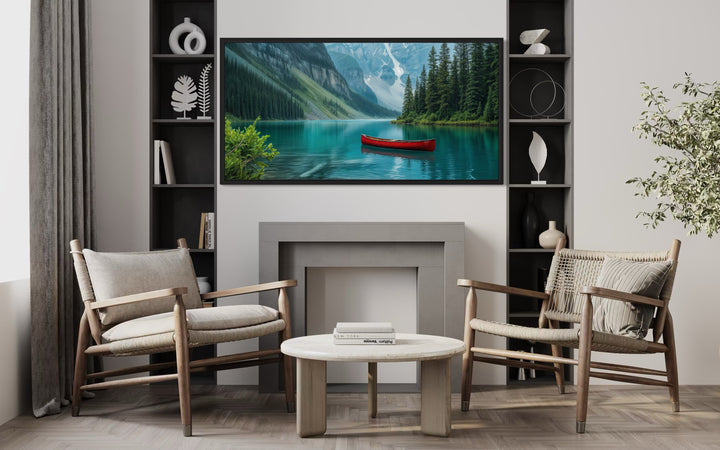 Lake Louise Landscape With Red Canoe Framed Canvas Wall Art