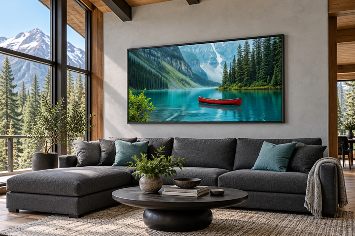 Framed canvas wall art of Lake Louise with a red canoe above a dark grey sectional sofa.