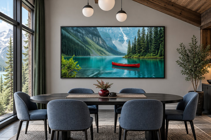 Framed canvas wall art of Lake Louise with a red canoe in a modern dining room.