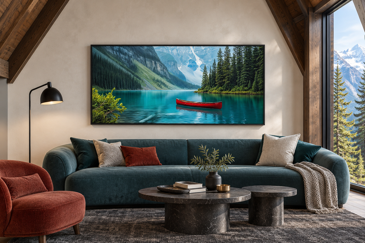 Framed canvas wall art of Lake Louise with a red canoe, displayed above a sofa in a rustic cabin.