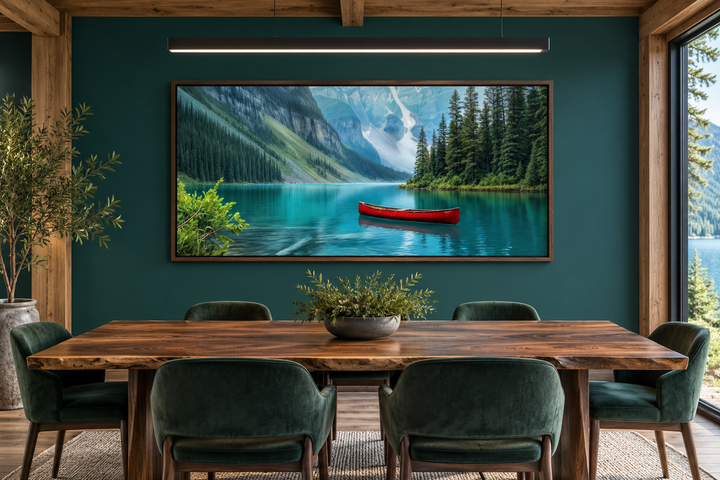 Framed canvas wall art of Lake Louise with a red canoe in a rustic dining room with a walnut table.