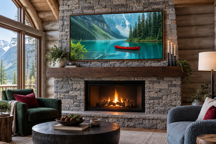 Framed Lake Louise canvas wall art with a red canoe above a stone fireplace in a rustic cabin.