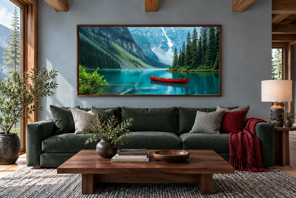 Framed Lake Louise canvas wall art with a red canoe, hanging above a green sofa in a rustic room.