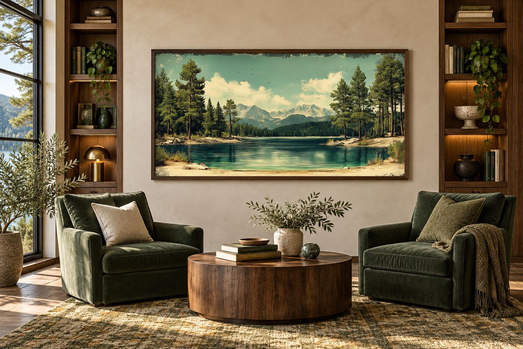 Vintage style canvas wall art of a calm lake, pine forest, and mountains in a walnut frame.