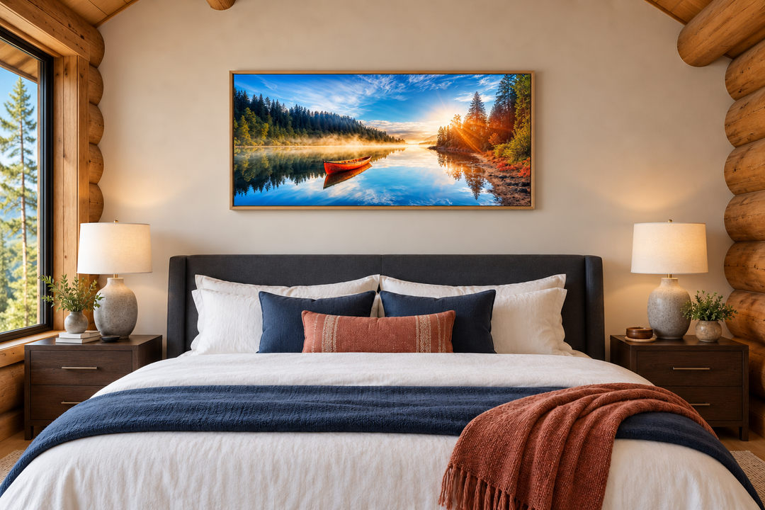 Framed canvas print of a red canoe on a calm lake at sunrise, hanging above a bed in a rustic room.