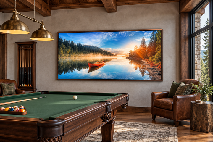 Framed canvas print of a red canoe on a misty lake at sunrise in a rustic billiards room.