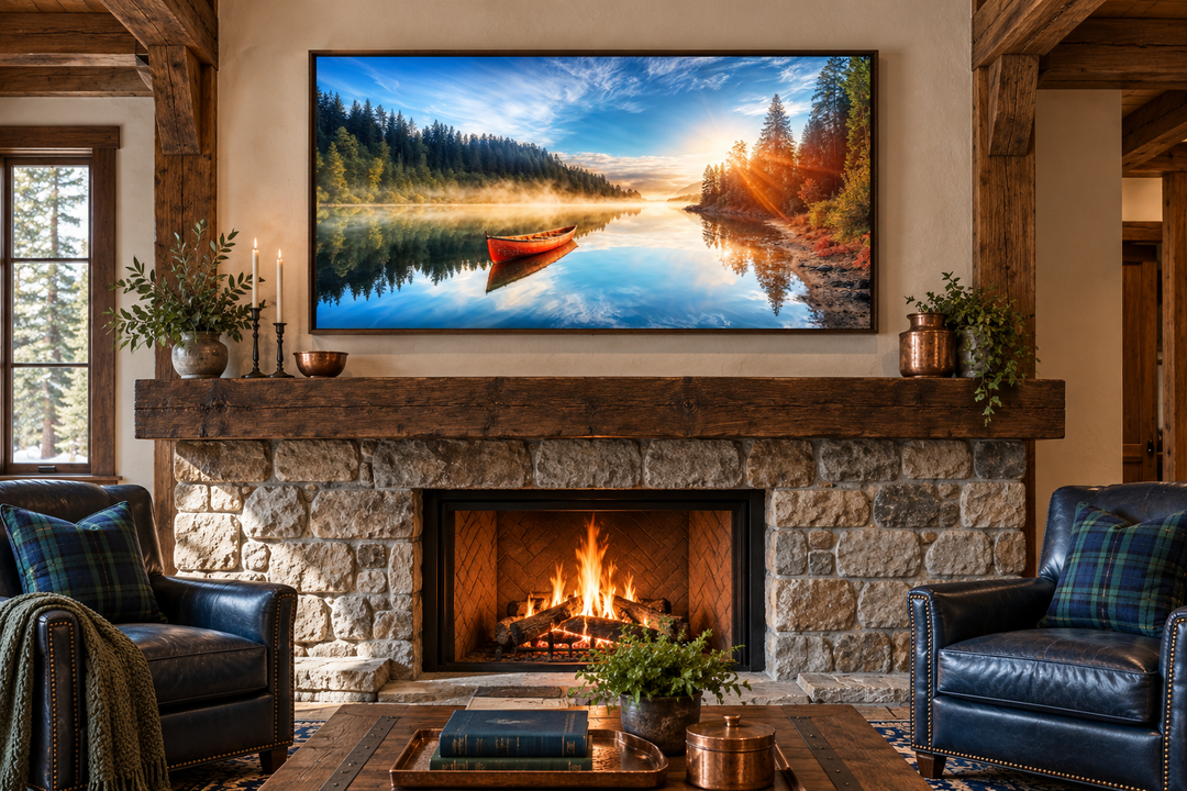 Framed canvas print of a red canoe on a serene lake at sunrise, hanging above a stone fireplace.