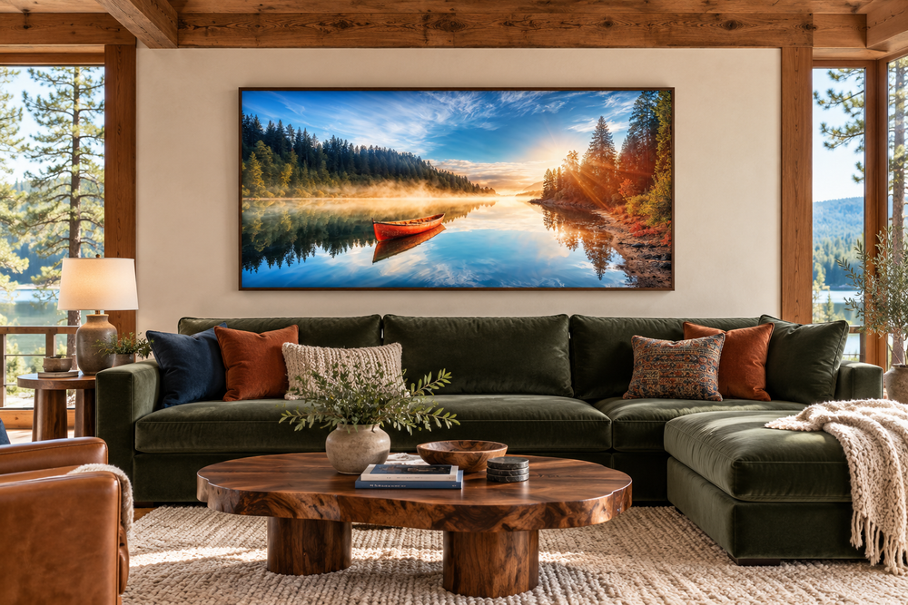 Framed canvas print of a red canoe on a misty lake at sunrise, hanging in a rustic living room.