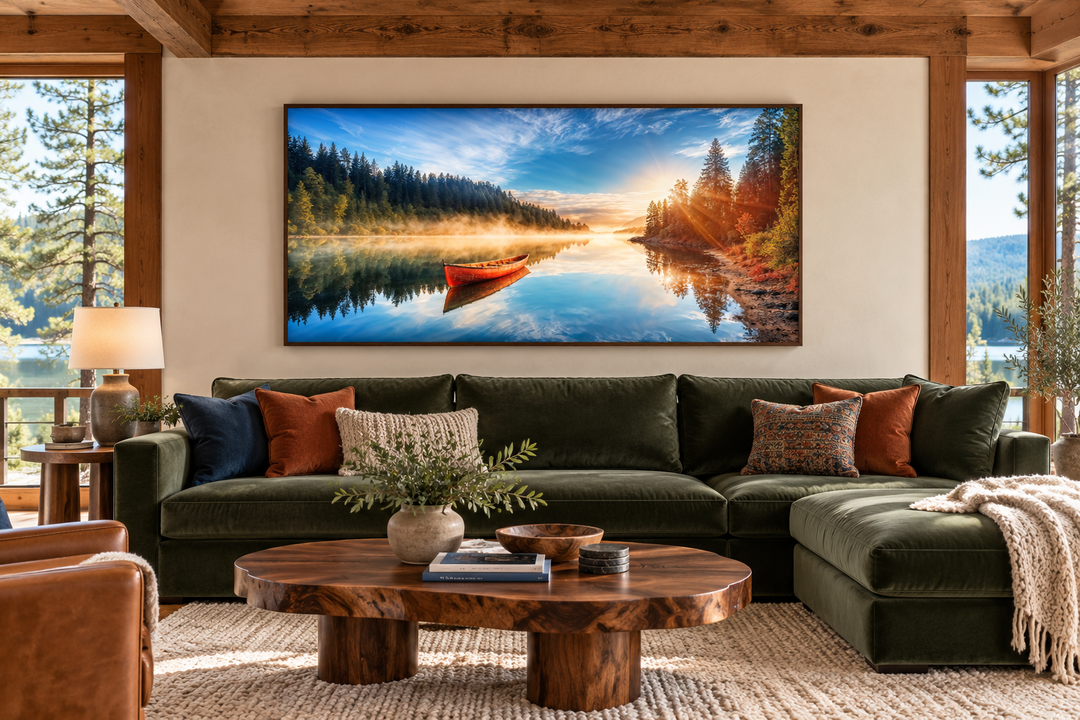 Framed canvas print of a red canoe on a misty lake at sunrise, hanging in a rustic living room.