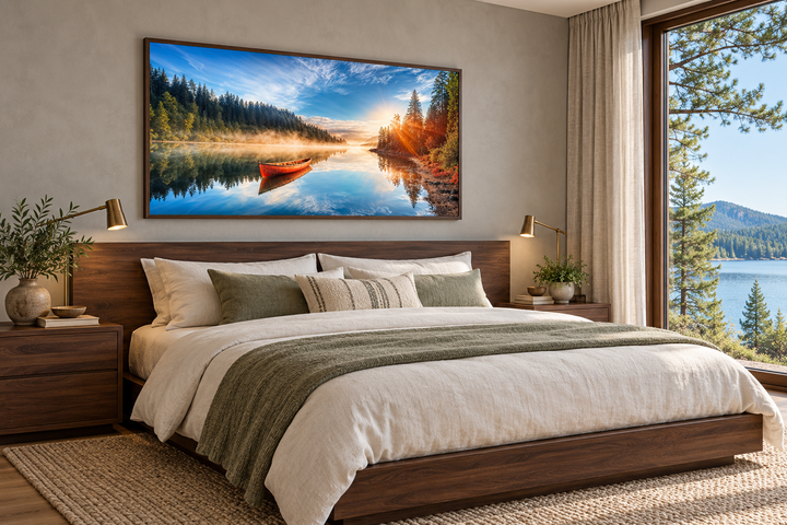 Framed canvas print of a red canoe on a misty lake at sunrise hanging above a bed in a bedroom.