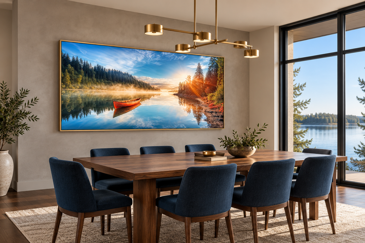 Framed canvas wall art of a red canoe on a misty lake at sunrise in a modern dining room.