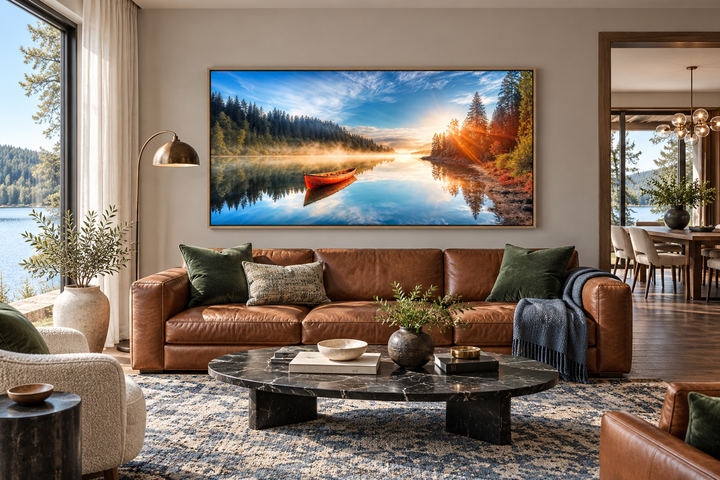 Framed canvas wall art of a red canoe on a serene lake at sunrise, hanging above a leather sofa.