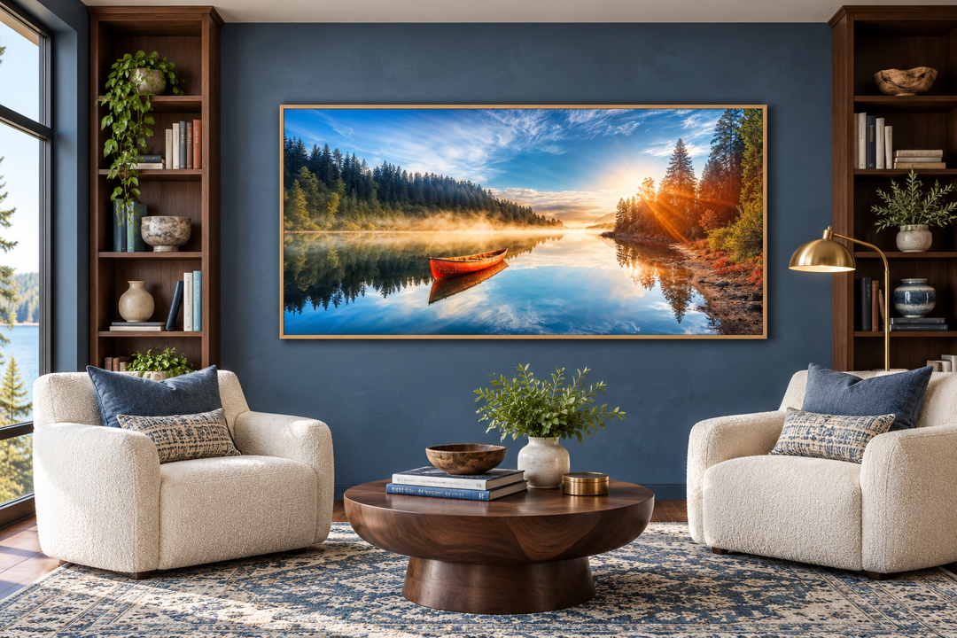 Framed canvas wall art of a red canoe on a serene lake at sunrise in a blue living room.