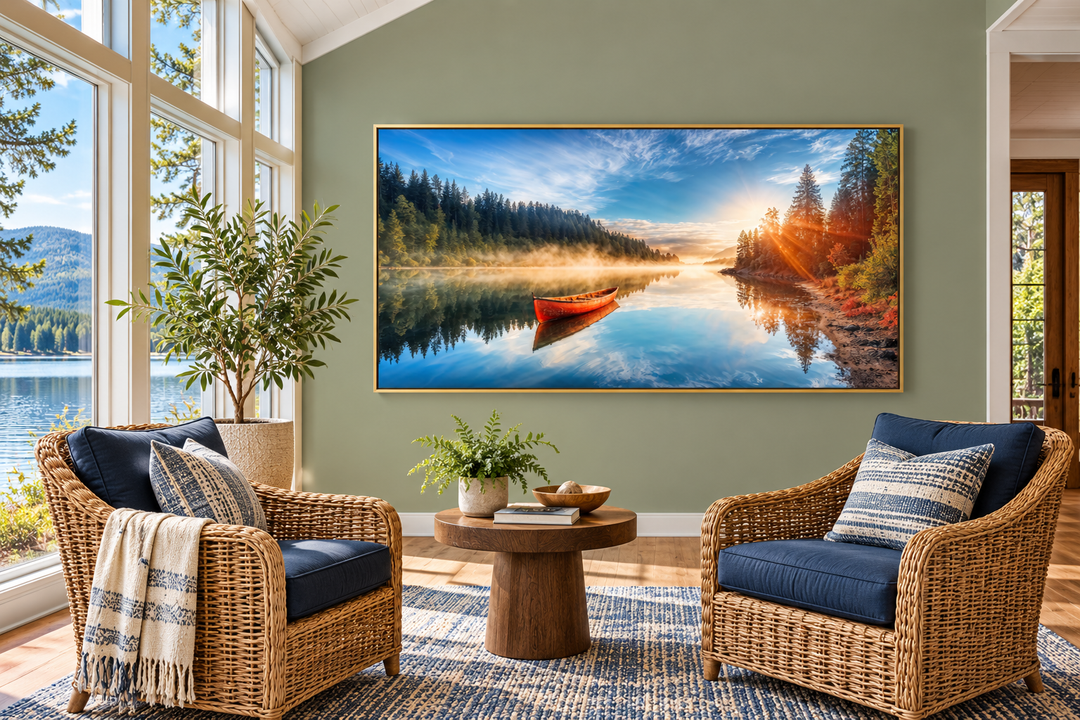 Framed canvas wall art of a red canoe on a calm lake at sunrise in a rustic living room.