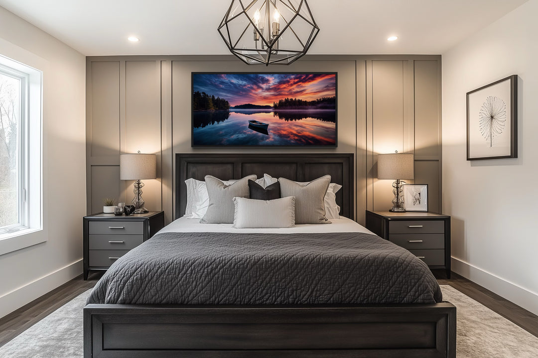 Lake Sunset Wall Art – Framed Canvas Print of Serene Boat Landscape for Lake House Decor