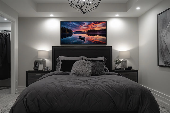 Lake Sunset Wall Art – Framed Canvas Print of Serene Boat Landscape for Lake House Decor