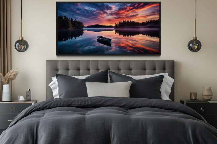 Lake Sunset Wall Art – Framed Canvas Print of Serene Boat Landscape for Lake House Decor