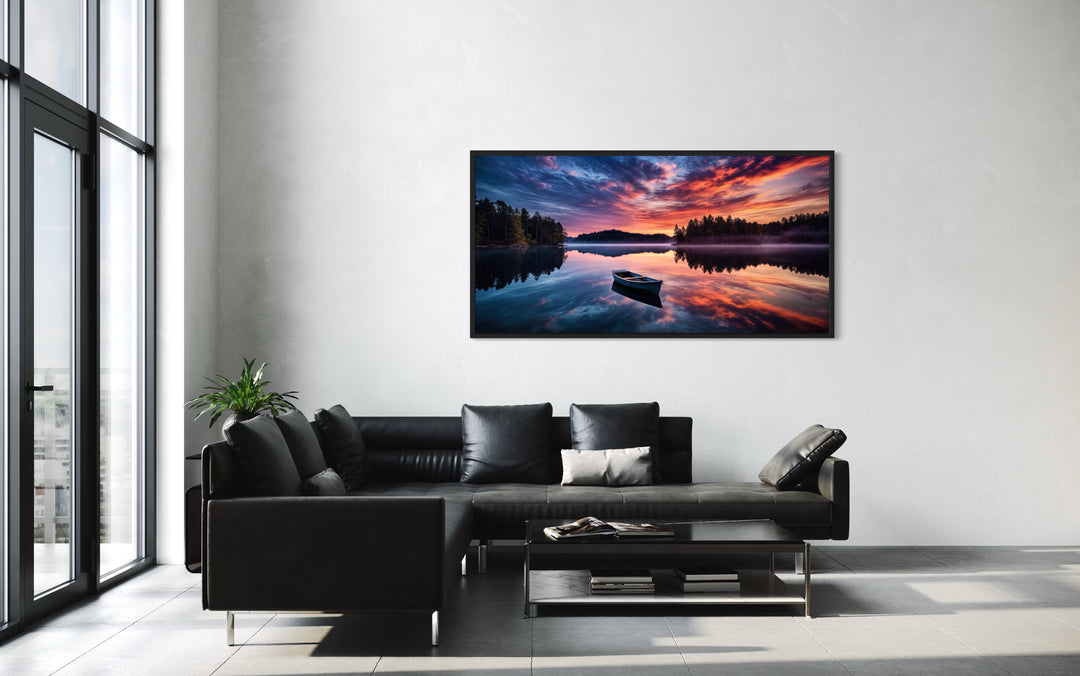 Lake Sunset Wall Art – Framed Canvas Print of Serene Boat Landscape for Lake House Decor