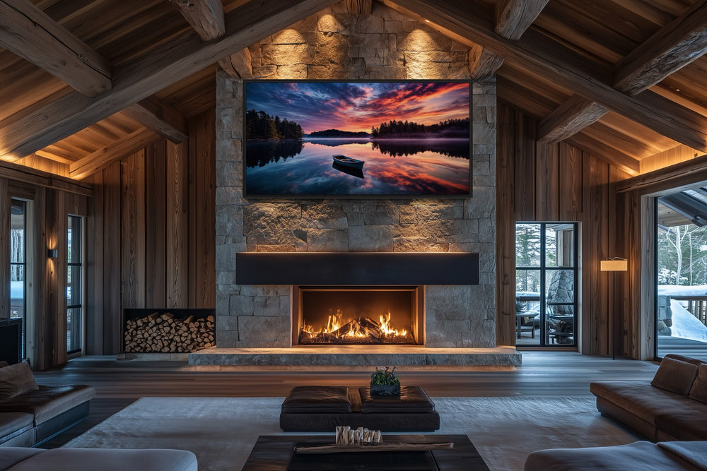 Framed canvas print of a boat on a serene lake at sunset, mounted above a stone fireplace.
