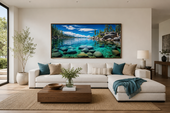 Framed canvas print of Lake Tahoe's Sand Harbor with clear blue water and rocks over a white sofa.