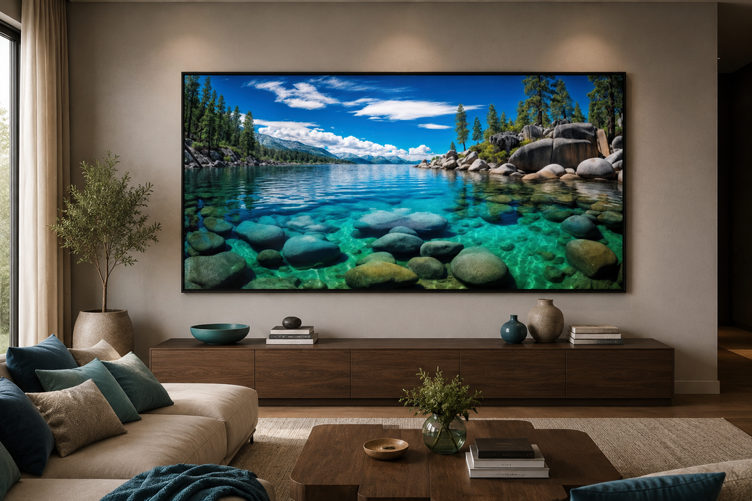 Framed Lake Tahoe wall art featuring Sand Harbor's clear blue water and rocks in a modern living room