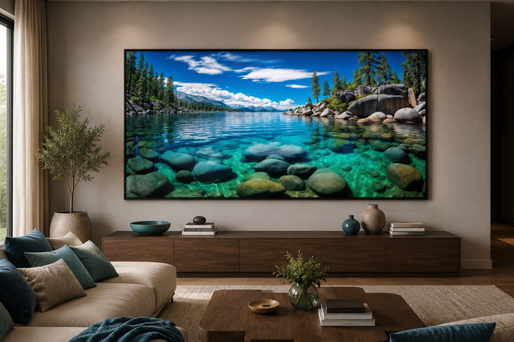 Framed Lake Tahoe wall art featuring Sand Harbor's clear blue water and rocks in a modern living room