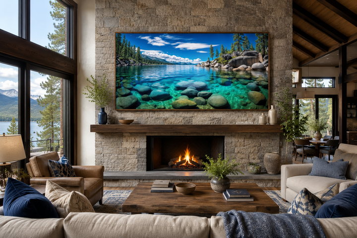 Framed Lake Tahoe Sand Harbor canvas print mounted above a stone fireplace in a rustic living room.