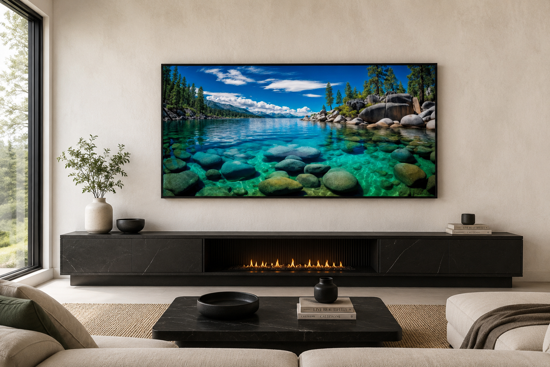 Framed Lake Tahoe canvas print of Sand Harbor's clear blue water and rocks above a modern fireplace.