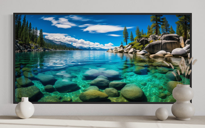 Framed canvas print of Lake Tahoe's Sand Harbor with crystal-clear water and scenic rock formations.